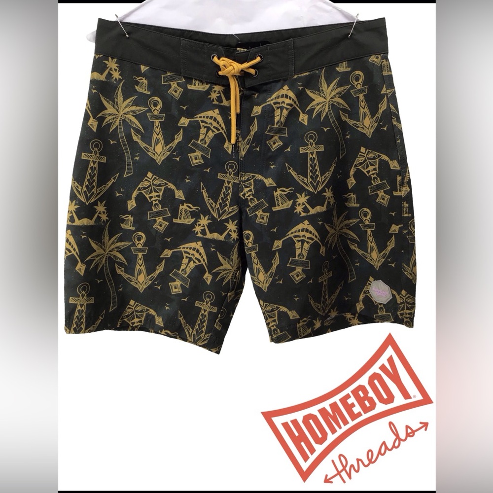 Homeboy Threads Black and Gold Anchor Swim Shorts